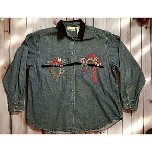 Vintage Denim Casey & Max Christmas Shirt Womens Size XL EMBROIDERED Fast Ship